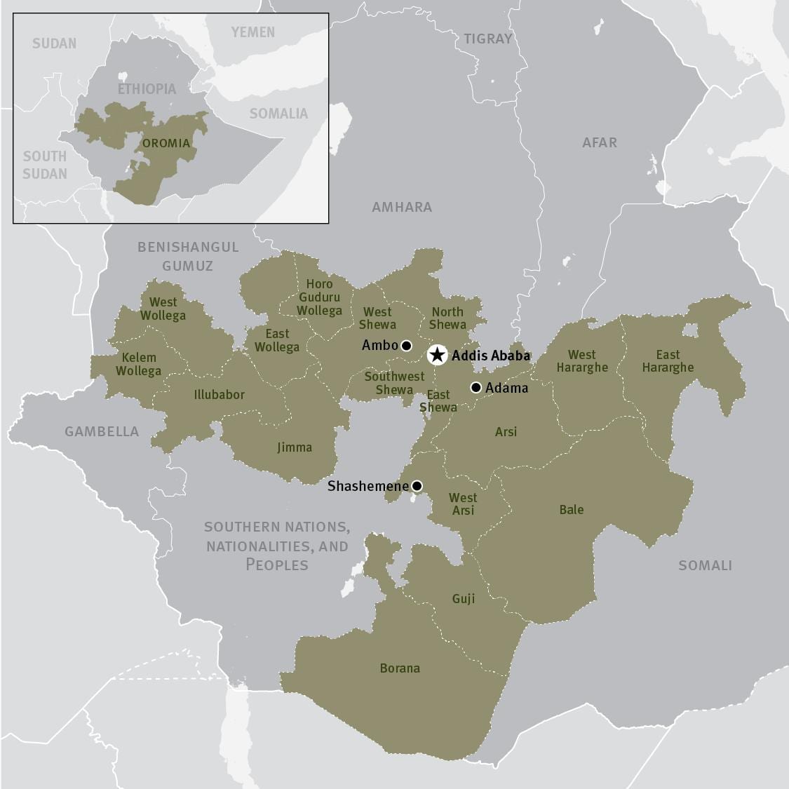 mapa de oromia rexión en Etiopía